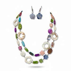 Multi Color Shell Bead Slver Tone Finish Long Necklace And Earring Set